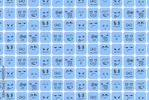 Seamless pattern with square funny characters with different facial emotions. Vector illustration with figures happy sad angry emoticons for children. vector pattern