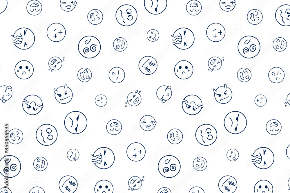 Round emoticons drawn with a brush, pattern on a white background. Abstract sketch of a happy face. Seamless pattern. Vector illustration. Black is white.