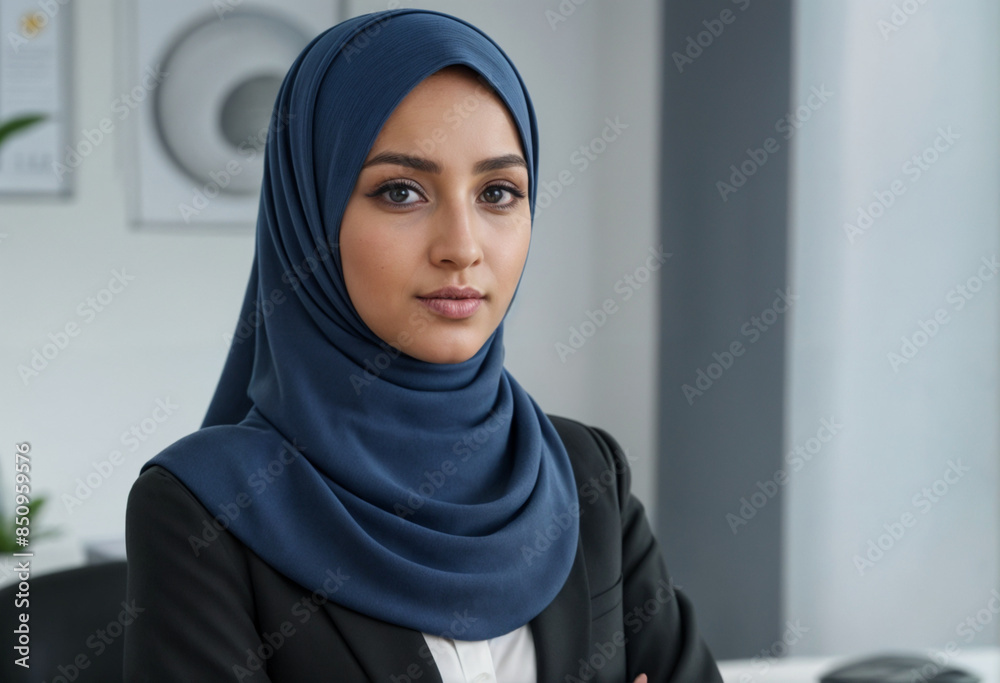 Beautiful Muslim Woman wearing formal clothes and hijab standing in the office Beautiful Muslim Woman wearing formal clothes and hijab standing in the office