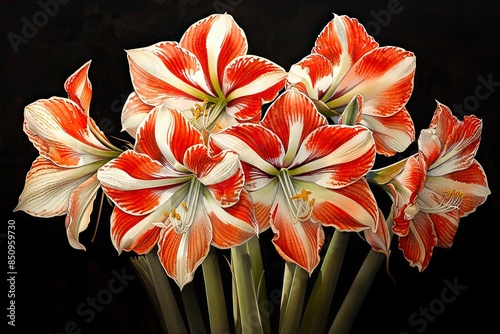 Vibrant bouquet of red and white amaryllis flowers in full bloom against a black background, capturing their stunning beauty and elegance. photo