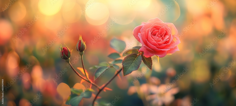 Obraz premium soft focus with bokeh morning wildflower pink Rose tree, beautiful nature spring summer field background with copy space