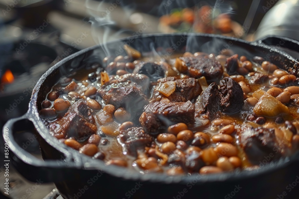 Closeup of a savory beef stew with beans cooking in a rustic cast iron pot over an open fire Closeup of a savory beef stew with beans cooking in a rustic cast iron pot over an open fire
