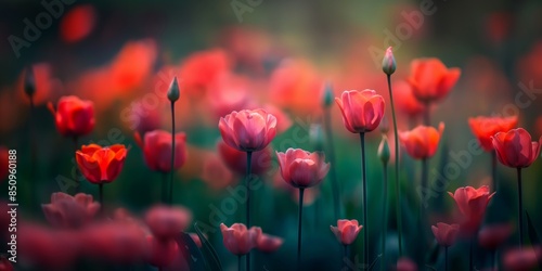 soft focus with bokeh morning wildflower red Tulip field, beautiful nature spring summer field background with copy space