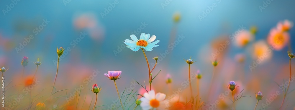 soft focus with bokeh morning wildflower pink white Daisy field, beautiful nature spring summer field background with copy space