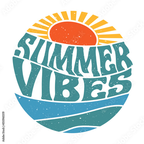 Summer Vibes T-Shirt Design, Summer vintage graphic print design. Beach vibes print design. Summer good vibes artwork for apparel and others. Sun and waves. Retro poster. Stock vector illustration.