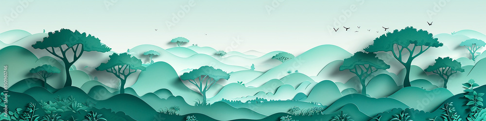 wide horizontal jungle illustration with layers of trees plants and leaves in green color tones and mountain range 3d background wide horizontal jungle illustration with layers of trees plants and leaves in green color tones and mountain range 3d background