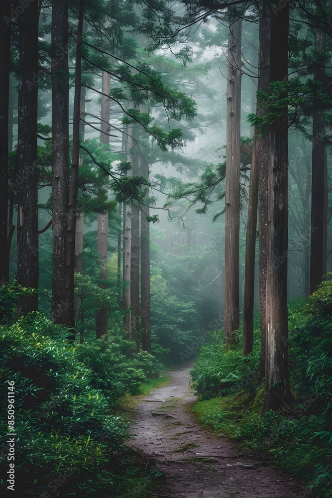 Fototapeta premium A dense forest with towering trees, a narrow path winding through the woods. Mist rising from behind the trees, creating an ethereal atmosphere. The green leaves of various