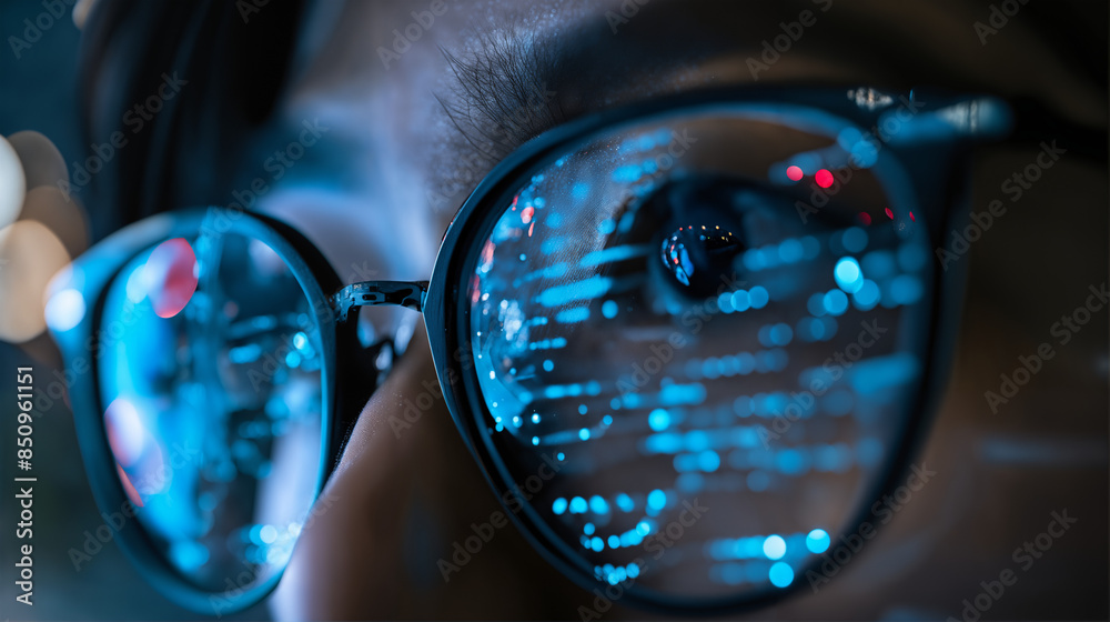 Reflections of Digital Code in Glasses, Financial Stock Data Analyst Technology and Cybersecurity Concept Reflections of Digital Code in Glasses, Financial Stock Data Analyst Technology and Cybersecurity Concept