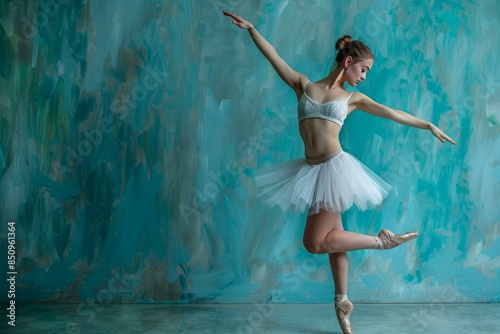 Elegantly poised ballet dancer in a white tutu practicing in a studio with a textured blue backdrop