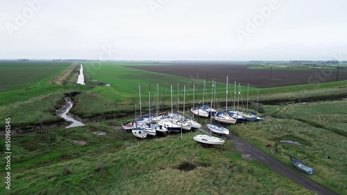 Aerial footage of boats moored inland at Gibraltar Point near Skegness