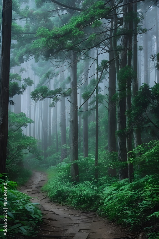Fototapeta premium A dense forest with towering trees, a narrow path winding through the woods. Mist rising from behind the trees, creating an ethereal atmosphere. The green leaves of various 
