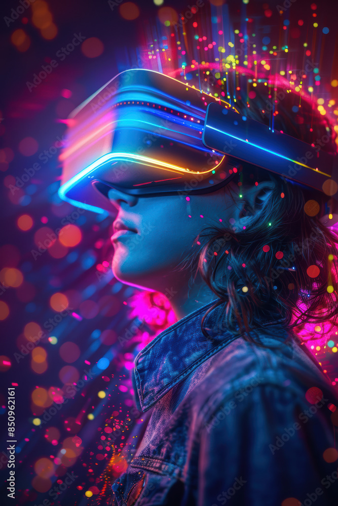 Obraz premium Kid in Virtual Reality World with Neon Lights