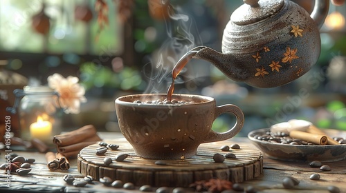   A teapot pours tea into a cup on a table beside coffee beans and cinnamon photo