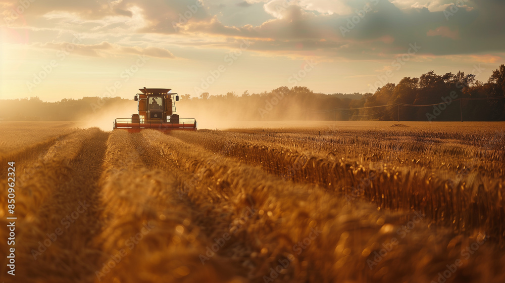 Fototapeta premium A combine harvester working in a field against a background of wheat and a beautiful landscape