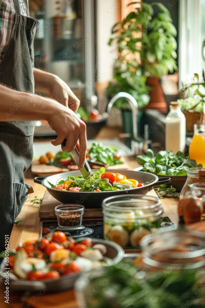 Fototapeta premium Parent Organizing Balanced Gluten-Free Meals for the Family in a Bright Kitchen Setting