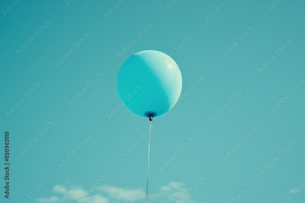 Obraz premium Minimalist aesthetic of a cyan balloon floating against a clear, blue sky,