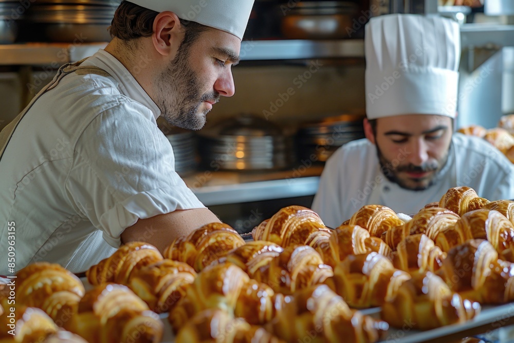 Two chefs preparing food in a busy kitchen setting, ideal for use in restaurant or cooking related contexts Two chefs preparing food in a busy kitchen setting, ideal for use in restaurant or cooking related contexts