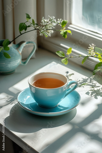 Wallpaper Mural Simple image of a cyan-colored tea cup on a minimalist white table, Torontodigital.ca