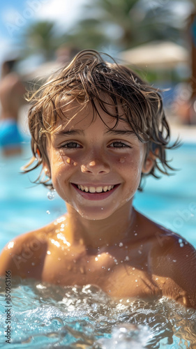Happy Boy Smiling in Outdoor Pool