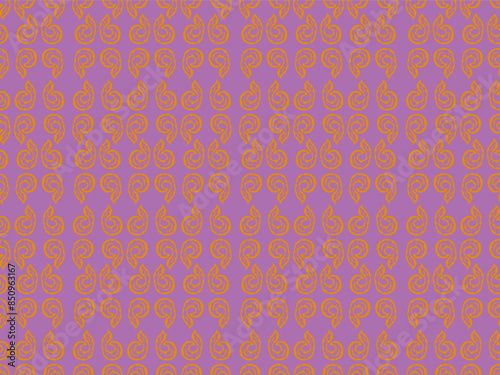 Seamless pattern made of abstract hand drawn curvy symbol. Components of pattern grouped - you can make bigger size of symbols and pattern. Orange symbols, purple background (backdrop). Abstraction.
