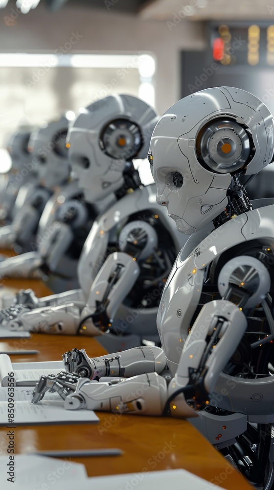 Row of robots working at their desks in a futuristic office Row of robots working at their desks in a futuristic office