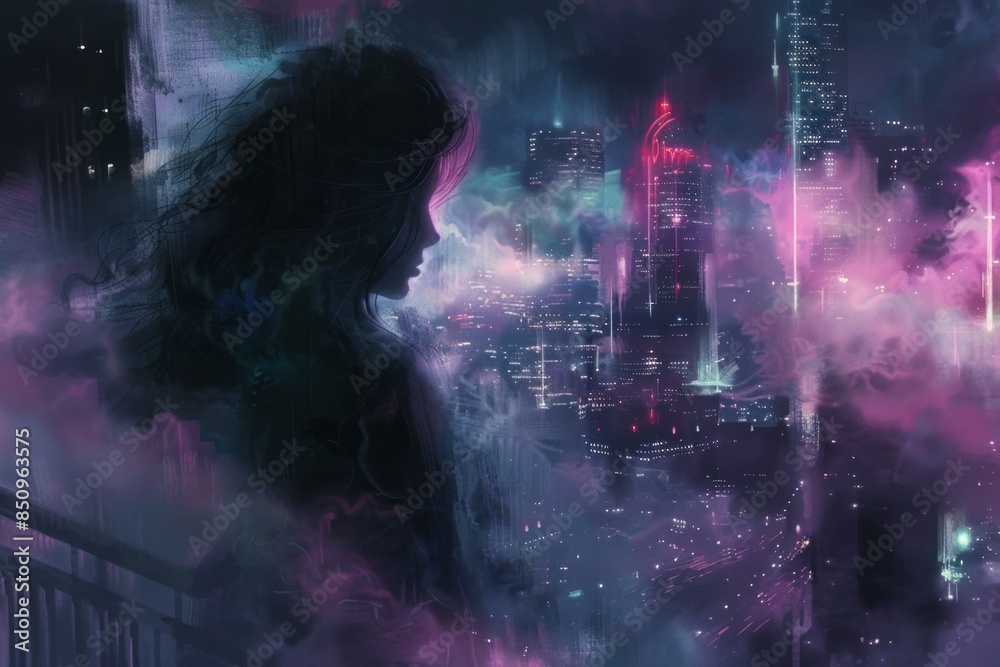 Artistic rendition of a pensive woman with a vibrant, neonlit futuristic city background Artistic rendition of a pensive woman with a vibrant, neonlit futuristic city background