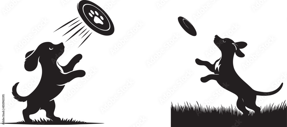 Dog playing with frisbee vector illustrations Dog playing with frisbee vector illustrations