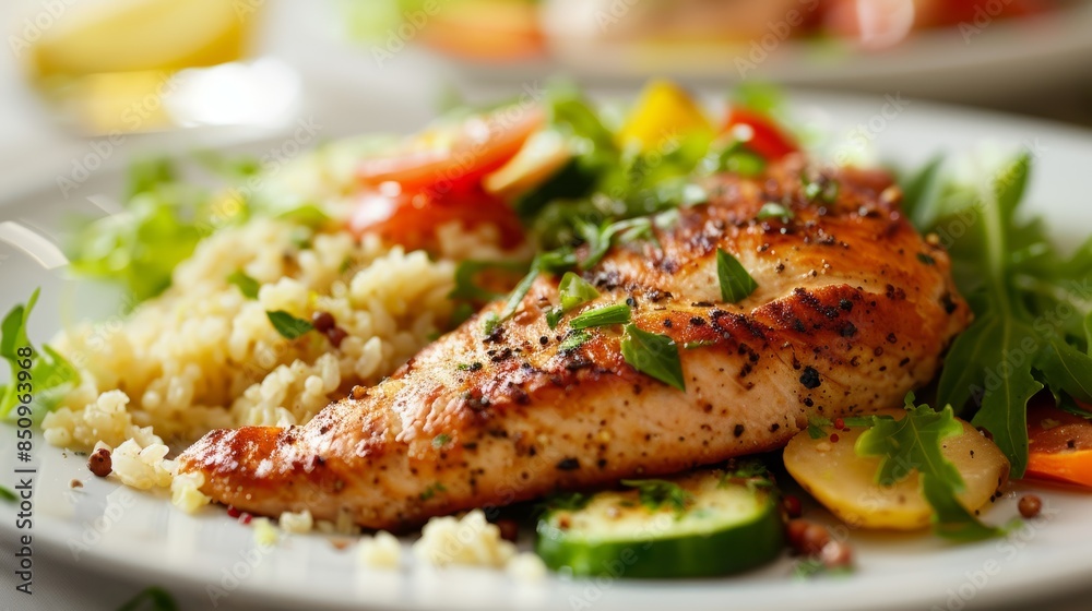 Healthy Gluten-Free Meal with Lean Proteins, Fresh Vegetables, and Whole Grains on White Plate Healthy Gluten-Free Meal with Lean Proteins, Fresh Vegetables, and Whole Grains on White Plate