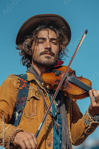 Elegant depiction of a Romani musician playing a violin under a clear blue sky, photo