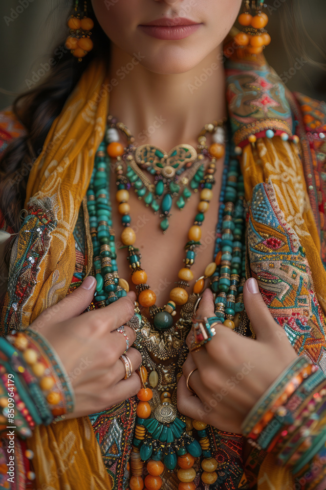Fototapeta premium Elegant photo of a Romani dancer's hands adorned with traditional jewelry, set against a plain backdrop