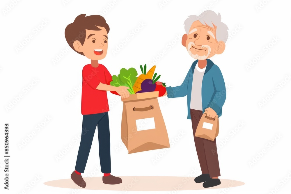 A heartwarming illustration depicting a smiling child selflessly handing a bag of groceries to an elderly person at a community food drive, showcasing the power of kindness and compassion. A heartwarming illustration depicting a smiling child selflessly handing a bag of groceries to an elderly person at a community food drive, showcasing the power of kindness and compassion.