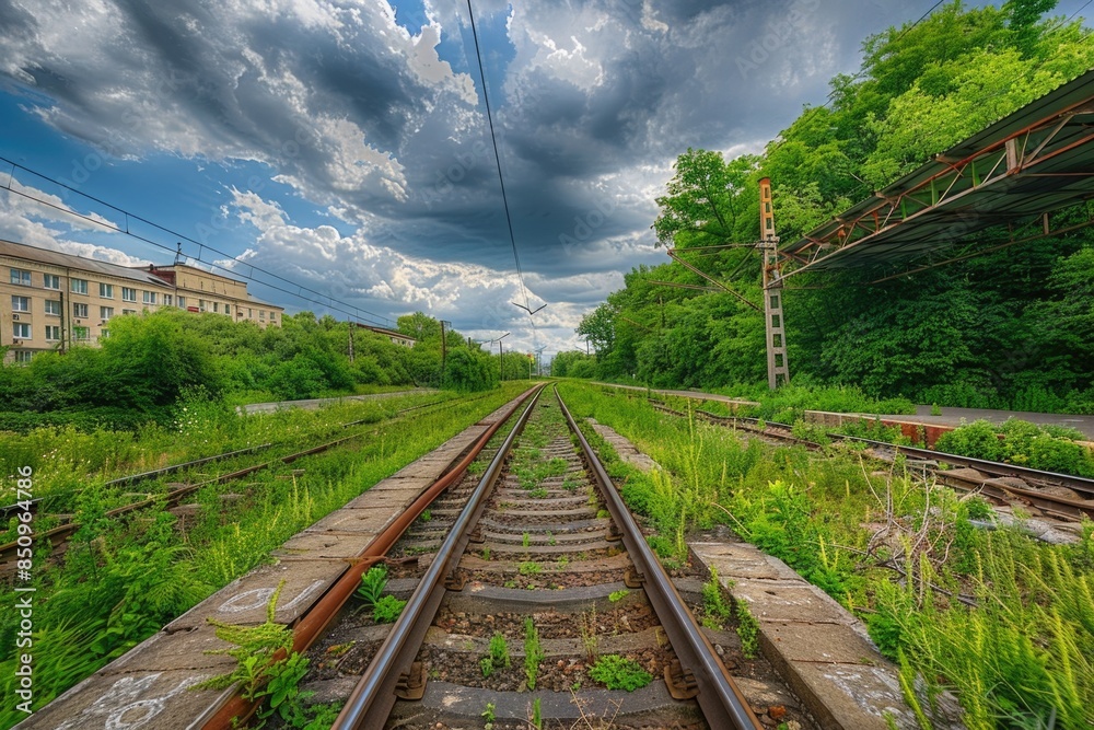 A train track set amidst lush green grass and trees A train track set amidst lush green grass and trees