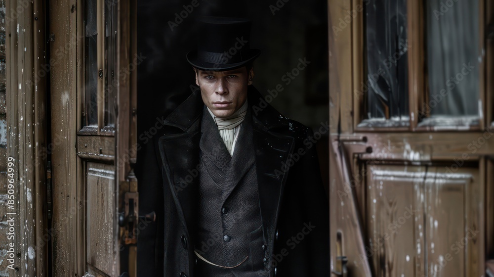 A well-dressed man wearing a top hat and coat stands in a doorway A well-dressed man wearing a top hat and coat stands in a doorway
