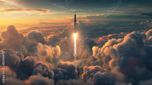 A SpaceX rocket is seen launching into the sky above a layer of clouds, showcasing a powerful and dynamic moment in space exploration