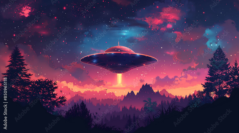 Poster dedicated to the day of nlo, flying saucer on the background of the dark sky concept of science fiction and space exploration Poster dedicated to the day of nlo, flying saucer on the background of the dark sky concept of science fiction and space exploration