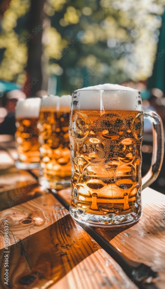 Frothy Beer Steins in Oktoberfest Tent Setting for Festive Celebration Design Frothy Beer Steins in Oktoberfest Tent Setting for Festive Celebration Design