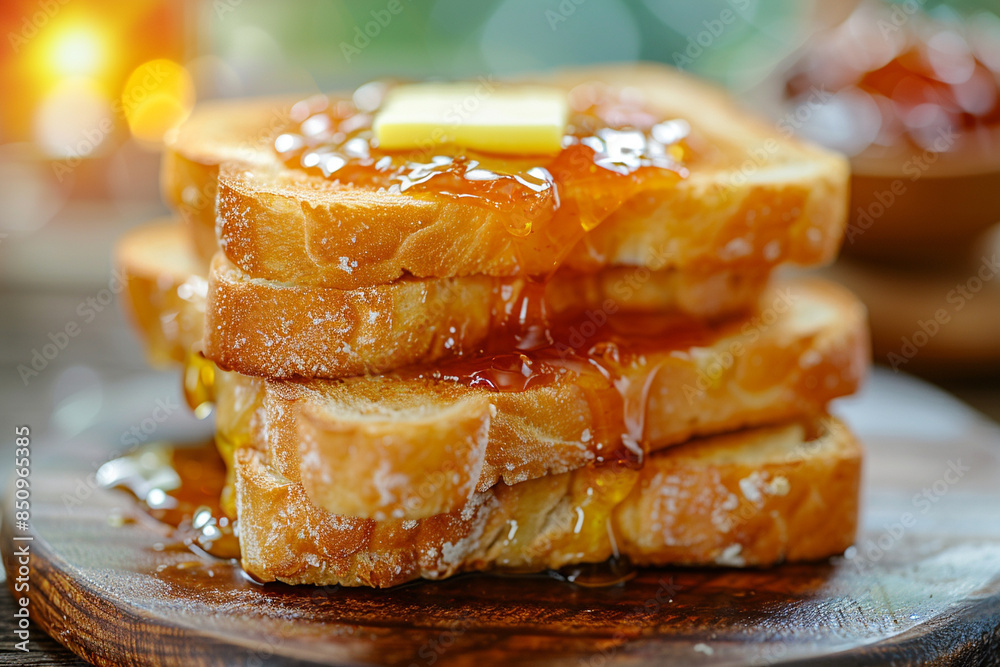 A stack of buttered toast with dripping honey on a wooden plate A stack of buttered toast with dripping honey on a wooden plate