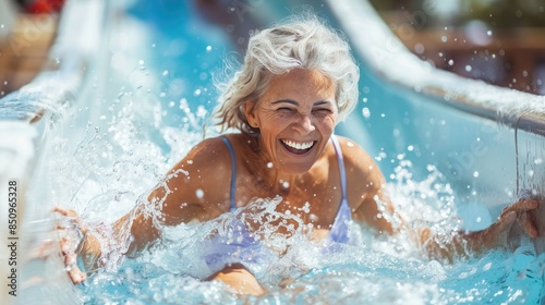A beautiful smiling adult gray-haired elderly woman rides a slide in a water park. Grandma loves outdoor activities.