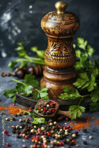 A wooden pepper mill and various spices on a table