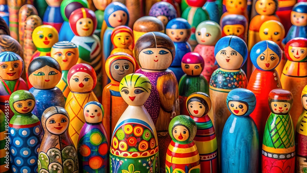 A Variety Of Colorful And Unique Wooden Nesting Dolls Of Different Sizes.