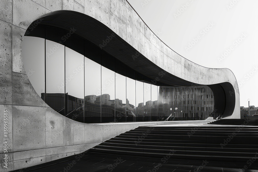 Obraz premium Minimalist image of a curved mirror reflecting a modern architectural design,