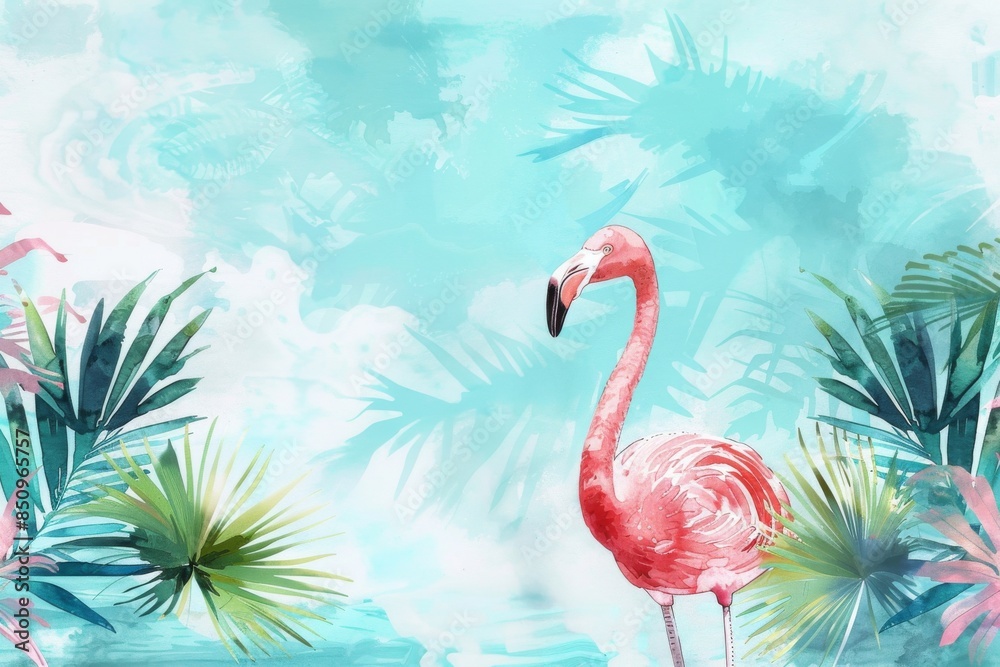 Fototapeta premium A stunning watercolor illustration featuring the elegant silhouette of a pink flamingo amidst lush palm leaves and a vibrant blue sky.