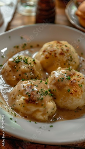 Savory Bavarian Dumplings with Gravy at Oktoberfest - Traditional Cuisine Close-Up