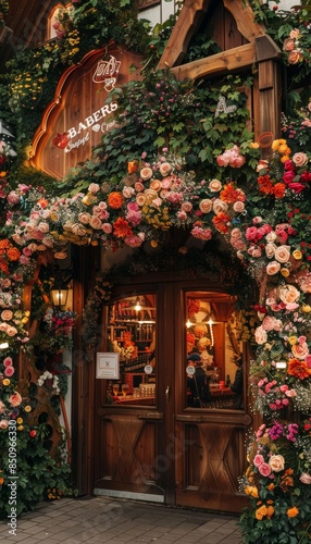 Beautifully Decorated Entrance to a Bavarian Beer Tent at Oktoberfest with Floral Arrangements and Wooden Structure
