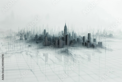 Minimalist image of a string art cityscape, with grey threads creating a skyline on a white board, photo