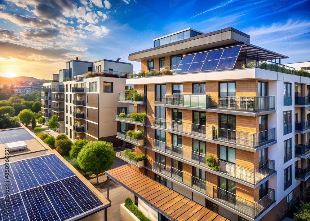 Modern Apartment Buildings With Solar Panels On The Roof. Green Energy. Modern Apartment Buildings With Solar Panels On The Roof. Green Energy.
