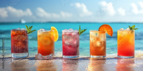 Row of fresh summer cocktails against sunlight with tropical paradise blue seascape background photo