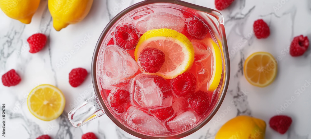 Refreshing Raspberry Lemonade in Glass Pitcher