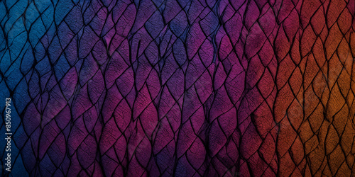 Abstraktes, organisches Muster mit einem faszinierenden Farbverlauf von Blau über Violett zu Orange, das an verflochtene Blätter oder Schuppen erinnert und eine komplexe Textur aufweist photo