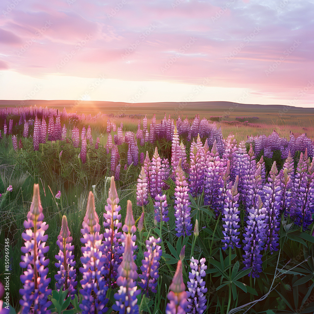 Obraz premium field of lupines in sunset light